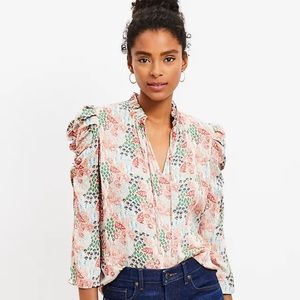 Loft Garden Cinched Sleeve Ruffle Tie Neck Mixed Media Top in Sandy Cove